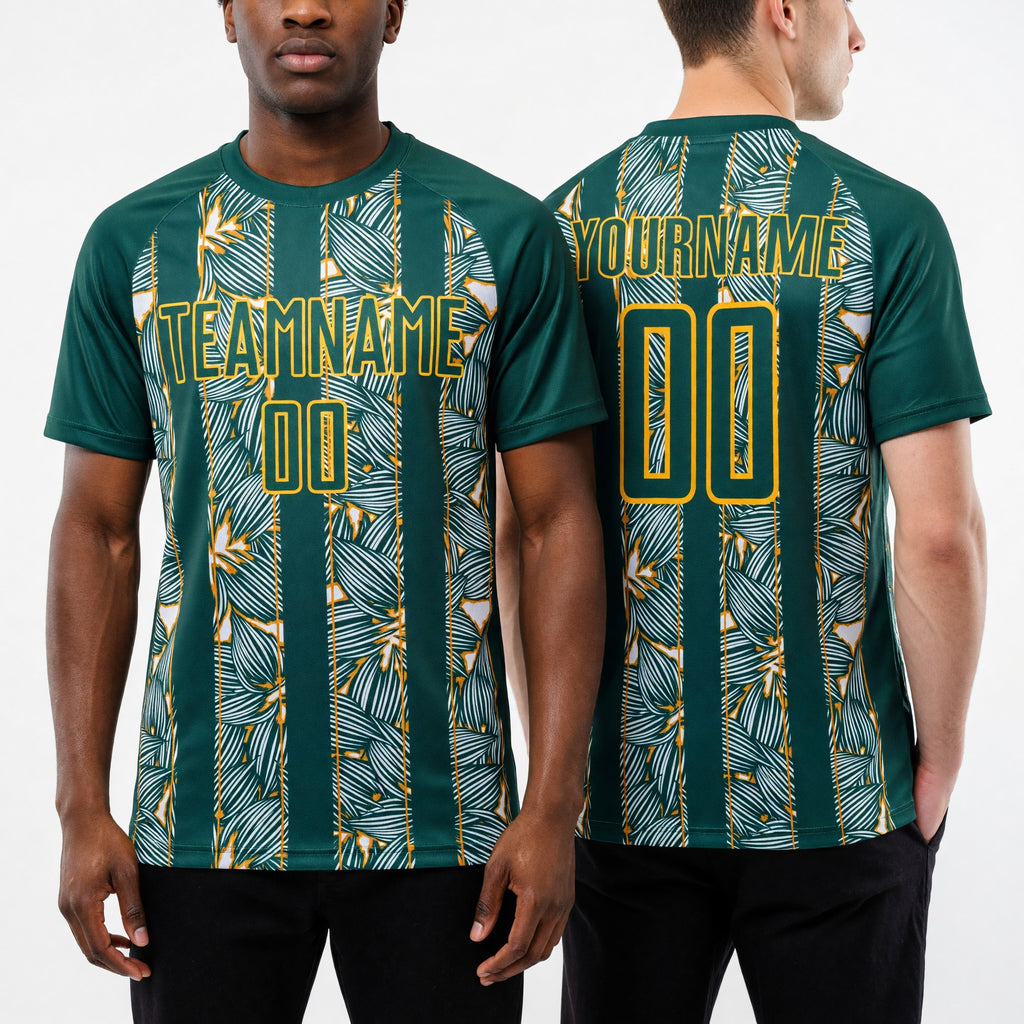 Custom Midnight Green Gold Flowers Sublimation Soccer Uniform Jersey worn front and back