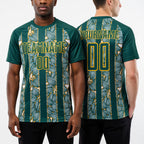 Custom Midnight Green Gold Flowers Sublimation Soccer Uniform Jersey worn front and back