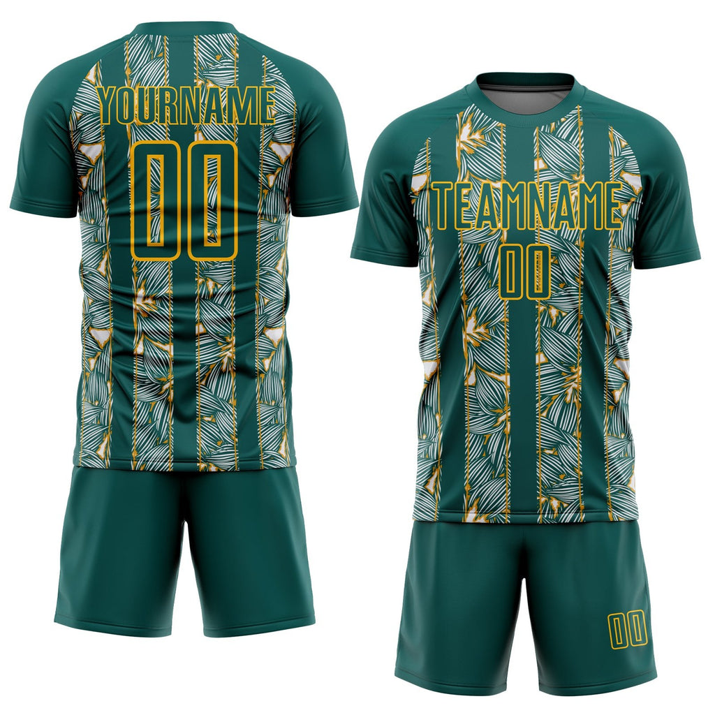 Custom Midnight Green Gold Flowers Sublimation Soccer Uniform Jersey photo 2