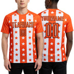 Custom Orange Black-White Stars And Stripes Sublimation Soccer Uniform Jersey worn front and back