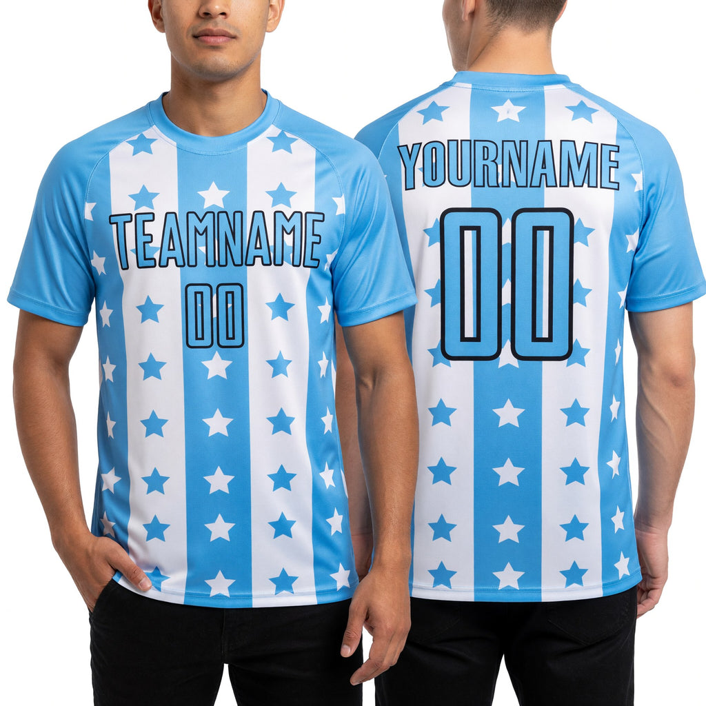 Custom Light Blue Black-White Stars And Stripes Sublimation Soccer Uniform Jersey worn front and back