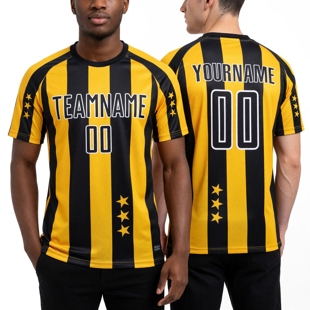 Custom Gold Black-White Stars And Stripes Sublimation Soccer Uniform Jersey worn front and back