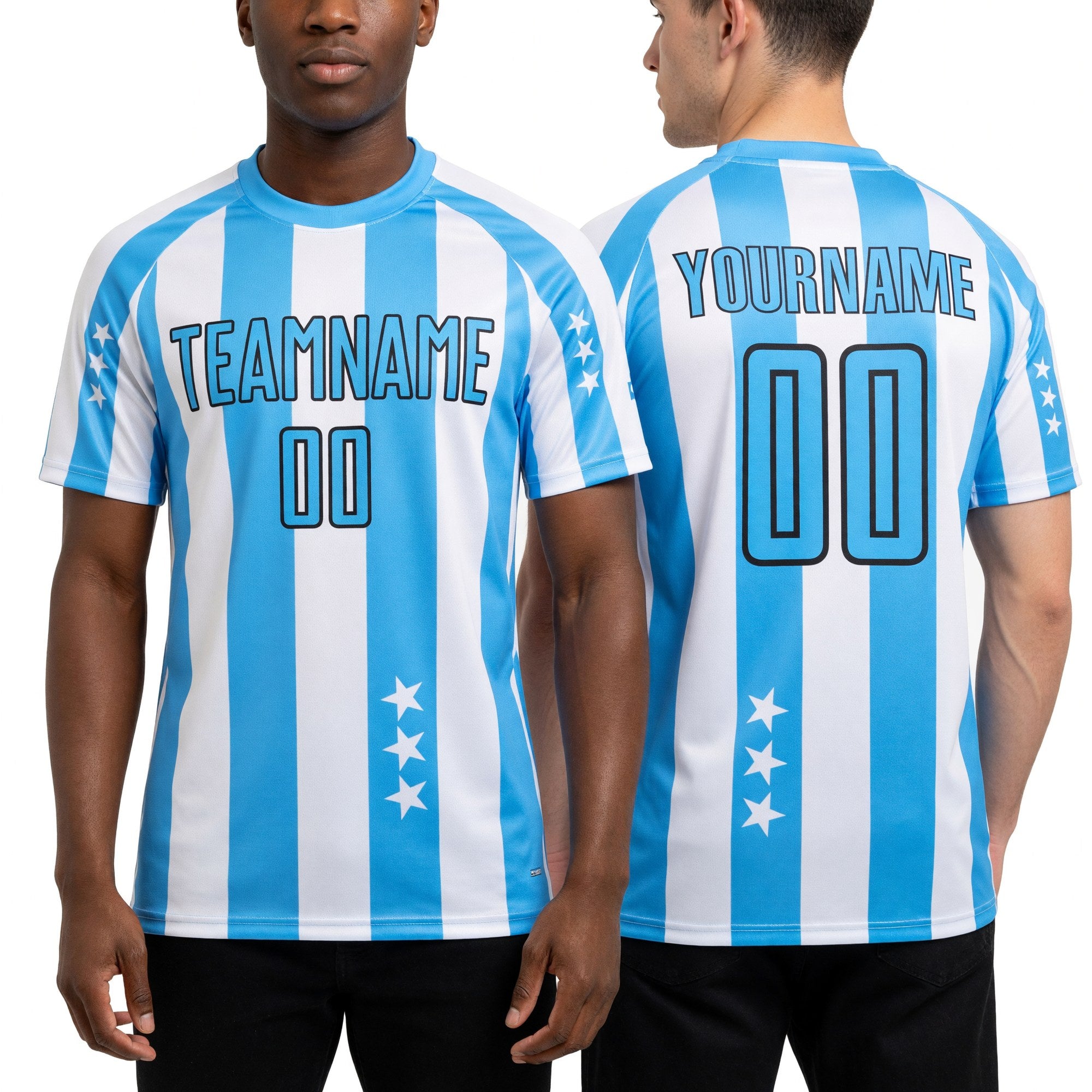 Custom White Sky Blue-Black Stars And Stripes Sublimation Soccer Uniform Jersey worn front and back