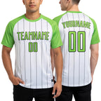 Custom White Neon Green-Black Pinstripe Sublimation Soccer Uniform Jersey worn front and back
