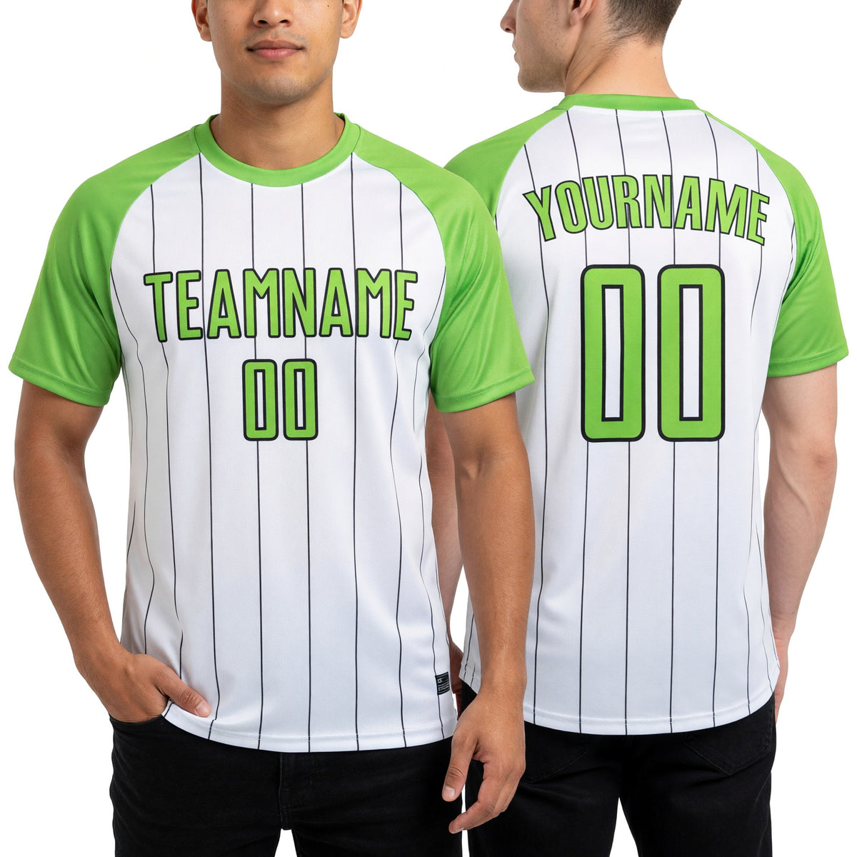 Custom White Neon Green-Black Pinstripe Sublimation Soccer Uniform Jersey worn front and back