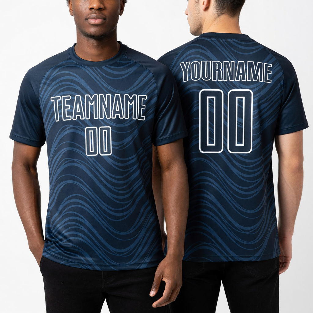 Custom Navy White Wavy Lines Sublimation Soccer Uniform Jersey worn front and back