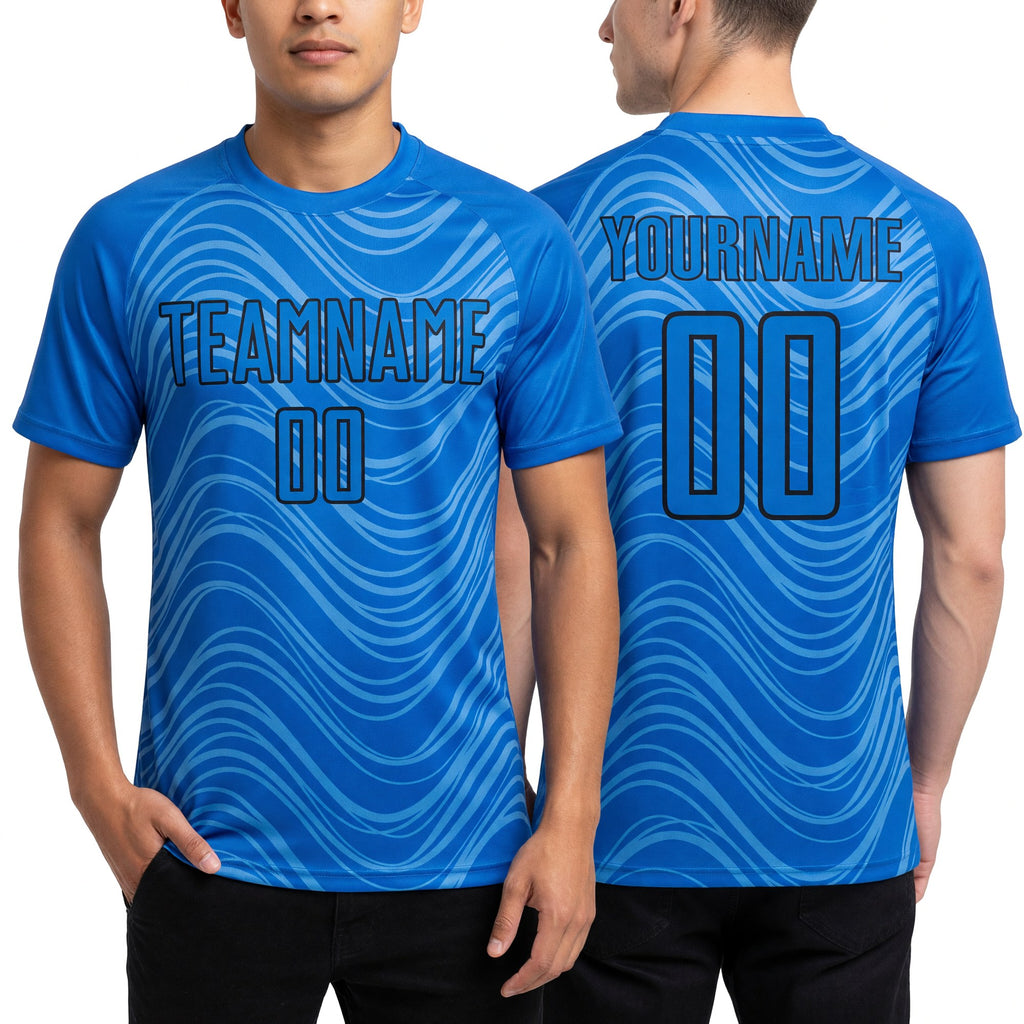 Custom Sky Blue Black Wavy Lines Sublimation Soccer Uniform Jersey worn front and back