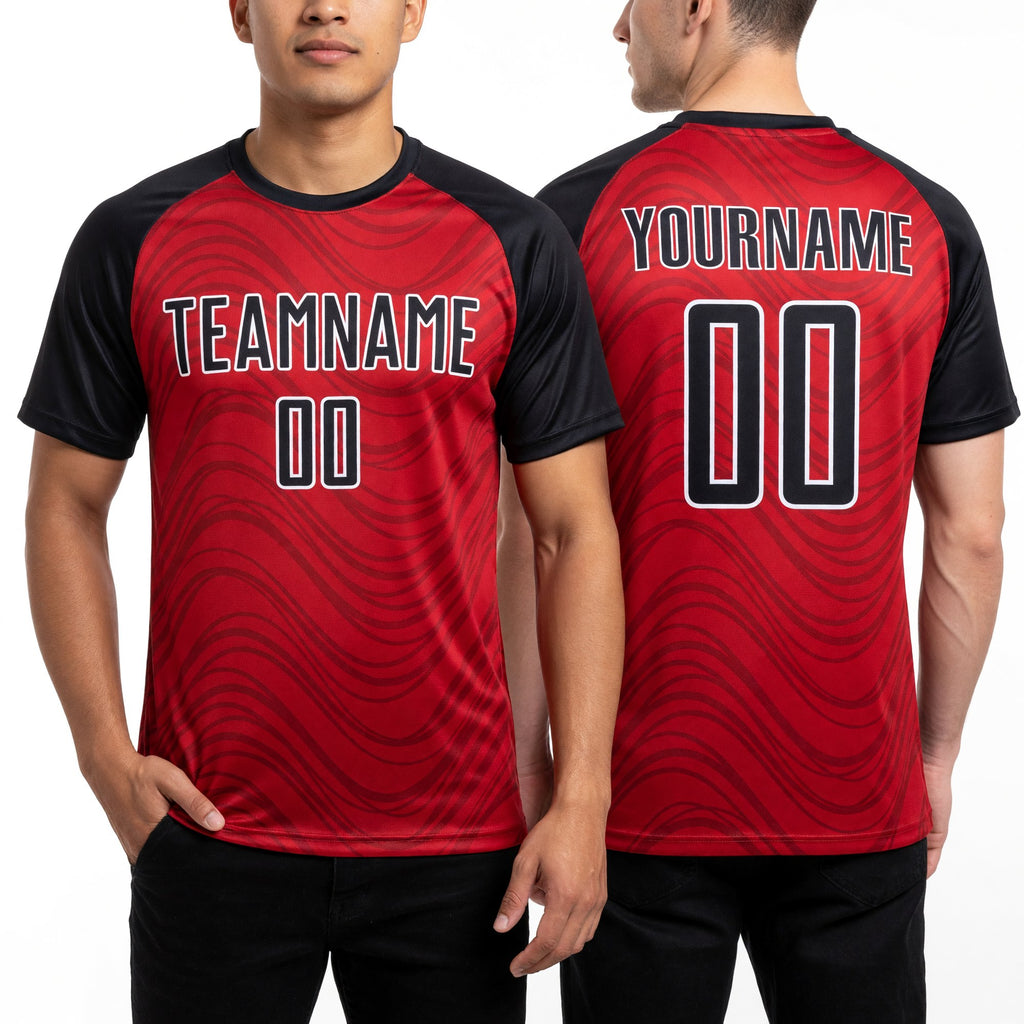 Custom Red Black-White Wavy Lines Sublimation Soccer Uniform Jersey worn front and back