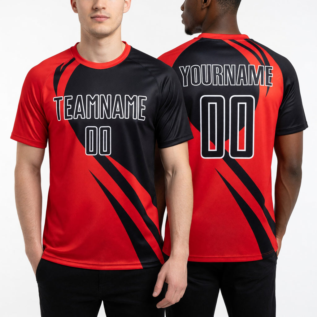Custom Red Black-White Curve Lines Sublimation Soccer Uniform Jersey worn front and back