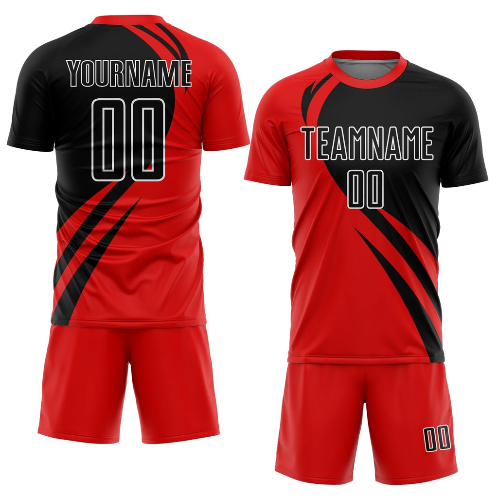 Custom Red Black-White Curve Lines Sublimation Soccer Uniform Jersey photo 2