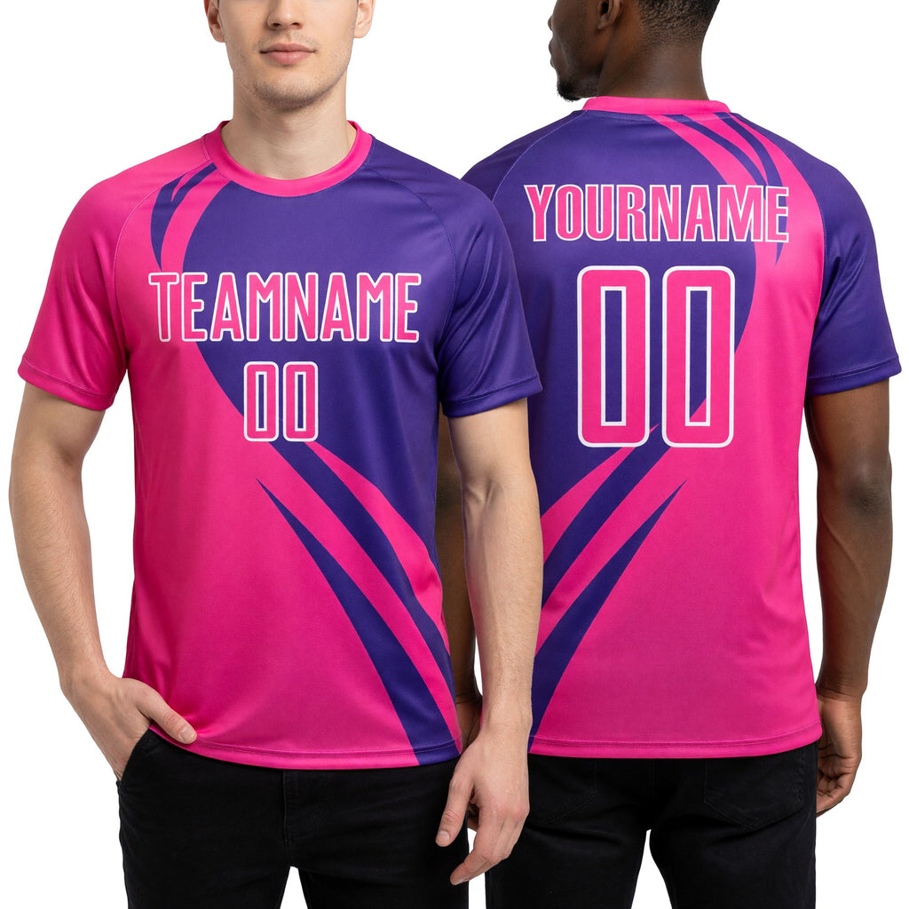 Custom Pink Purple-White Curve Lines Sublimation Soccer Uniform Jersey worn front and back
