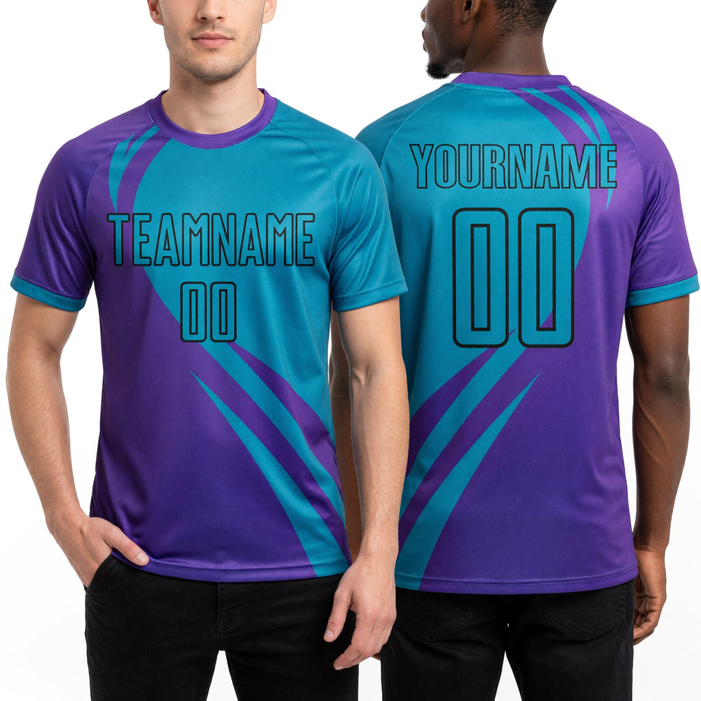 Custom Purple Teal-Black Curve Lines Sublimation Soccer Uniform Jersey worn front and back