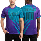 Custom Purple Teal-Black Curve Lines Sublimation Soccer Uniform Jersey worn front and back