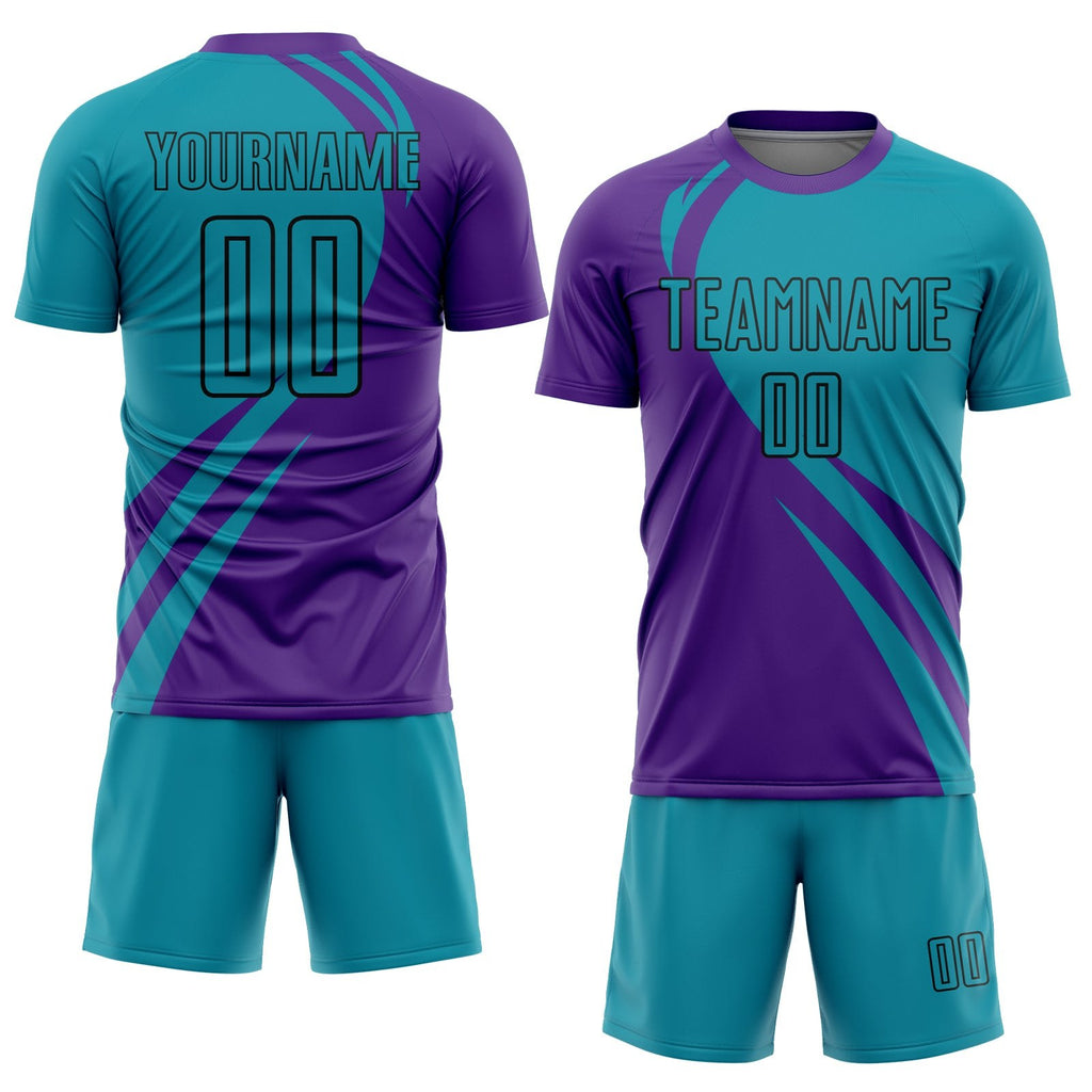 Custom Purple Teal-Black Curve Lines Sublimation Soccer Uniform Jersey photo 2