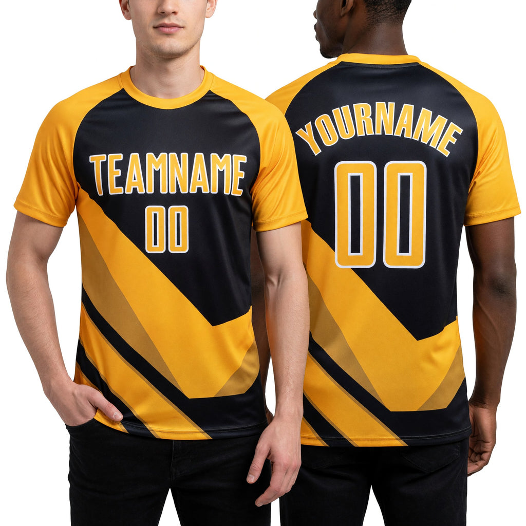 Custom Gold Black-White Arrow Shapes Sublimation Soccer Uniform Jersey worn front and back