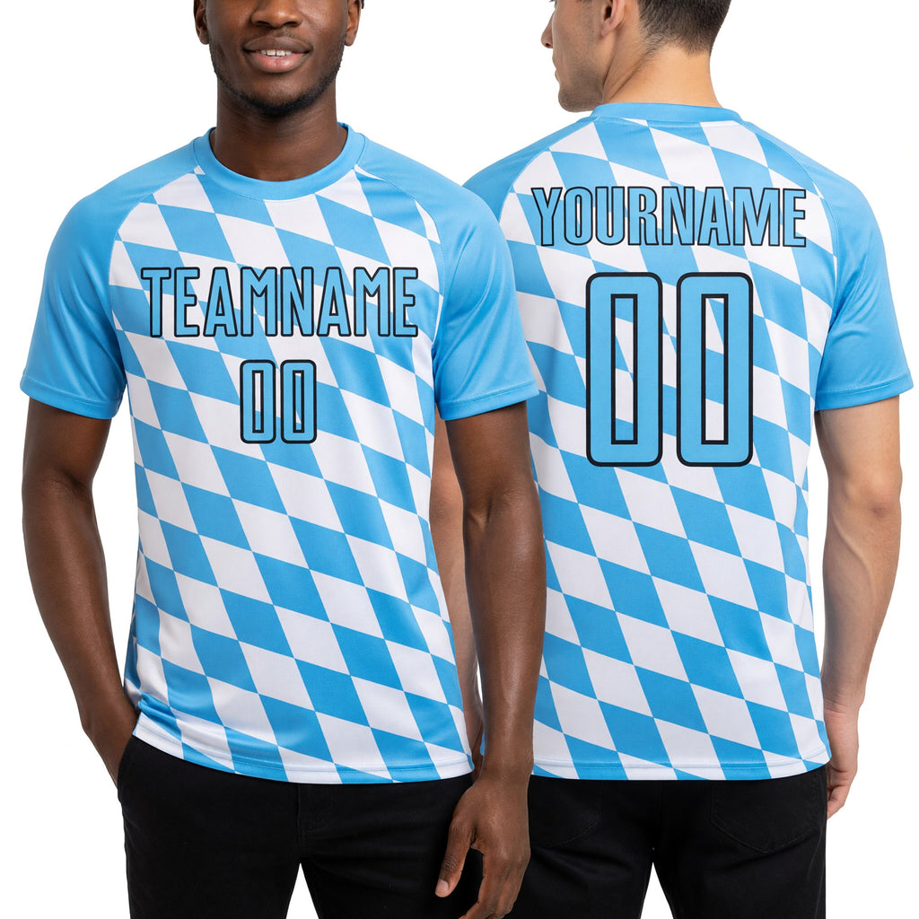 Custom White Sky Blue-Black Bavarian Flag Sublimation Soccer Uniform Jersey worn front and back