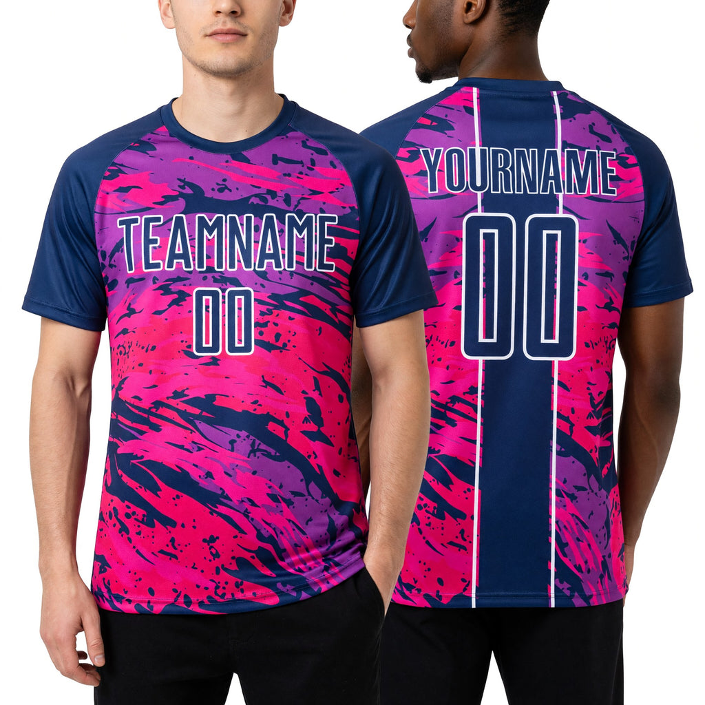 Custom Dark Purple Hot Pink-White Abstract Fluid Sublimation Soccer Uniform Jersey worn front and back