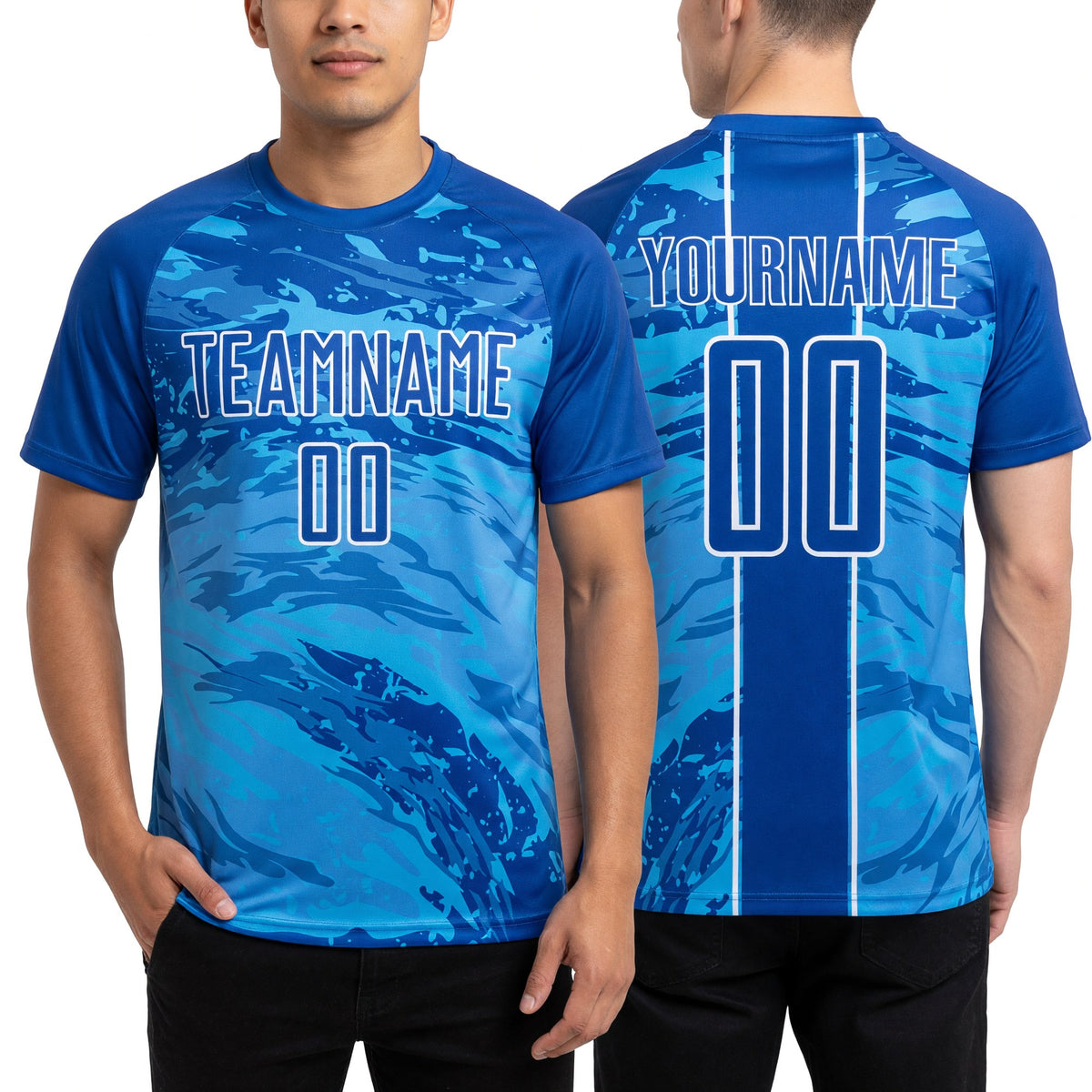 Custom Thunder Blue Sky Blue-White Abstract Fluid Sublimation Soccer Uniform Jersey worn front and back