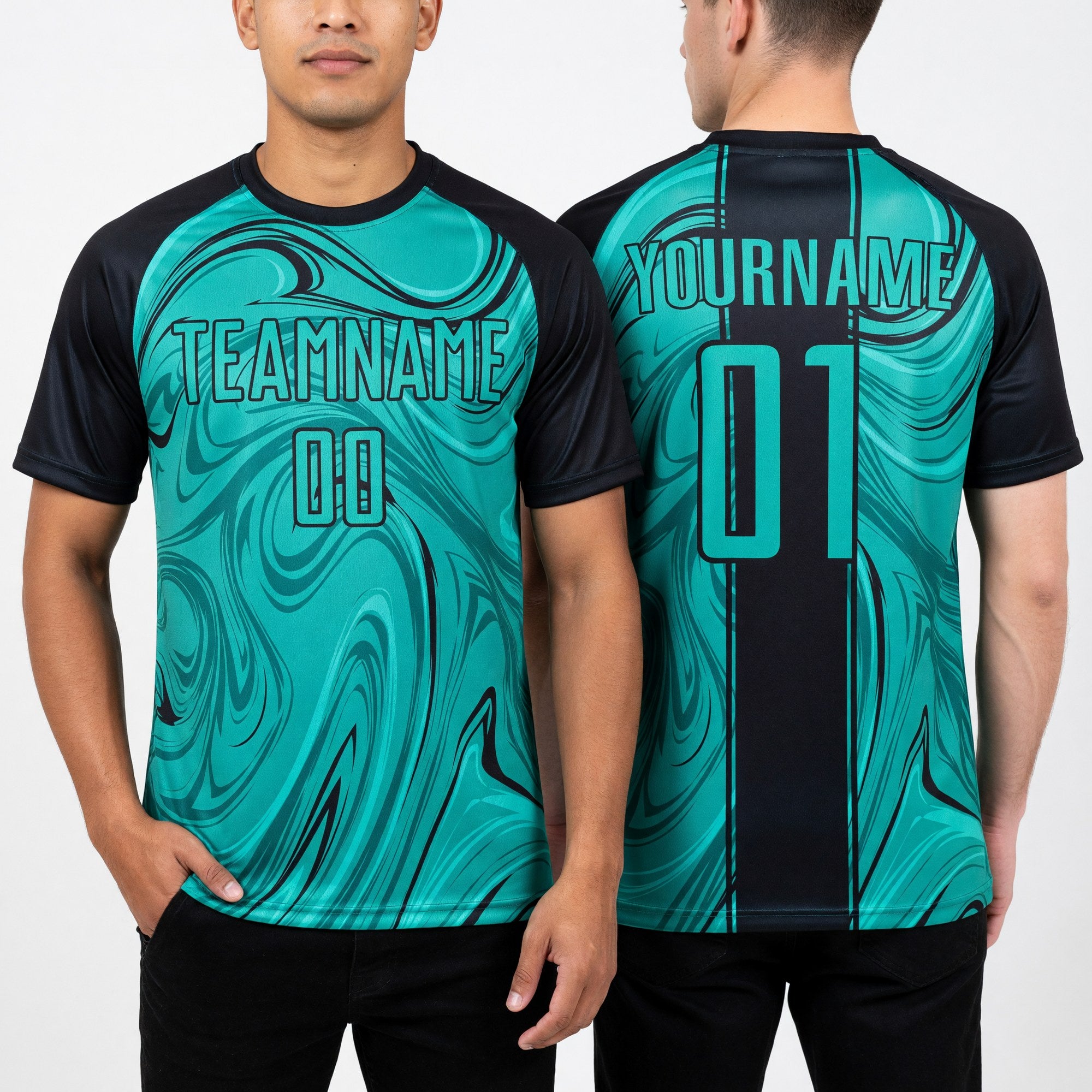 Custom Aqua Steel Gray Abstract Fluid Sublimation Soccer Uniform Jersey worn front and back