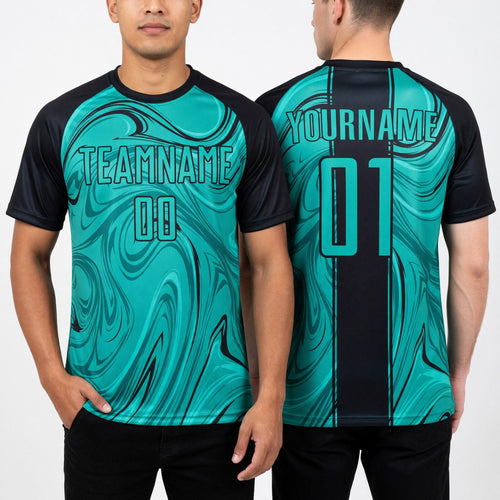 Custom Aqua Steel Gray Abstract Fluid Sublimation Soccer Uniform Jersey worn front and back