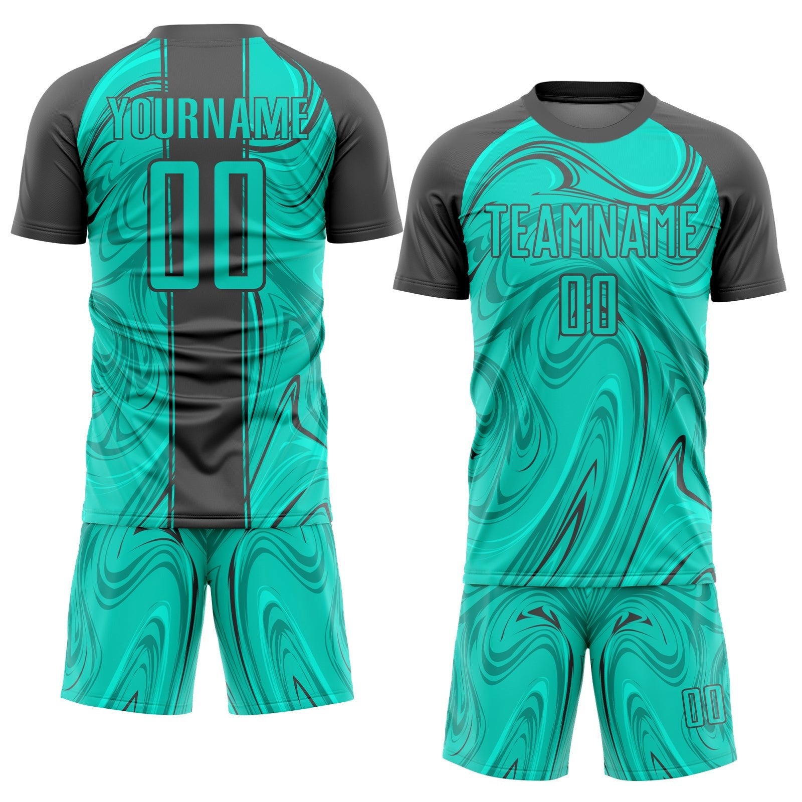 Custom Aqua Steel Gray Abstract Fluid Sublimation Soccer Uniform Jersey photo 2