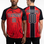 Custom Red Black-White Abstract Fluid Sublimation Soccer Uniform Jersey worn front and back