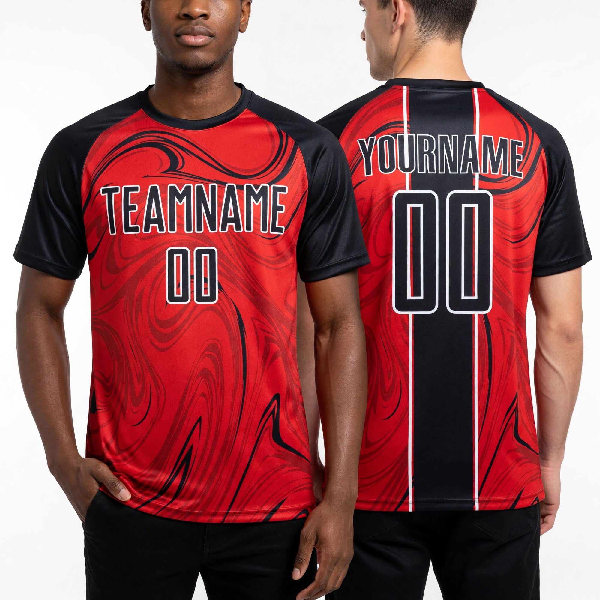 Custom Red Black-White Abstract Fluid Sublimation Soccer Uniform Jersey worn front and back