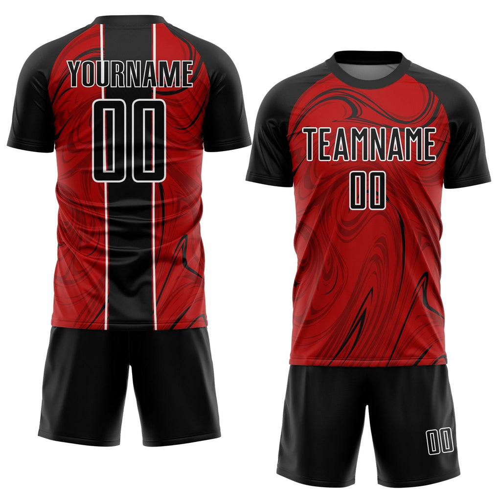 Custom Red Black-White Abstract Fluid Sublimation Soccer Uniform Jersey photo 2