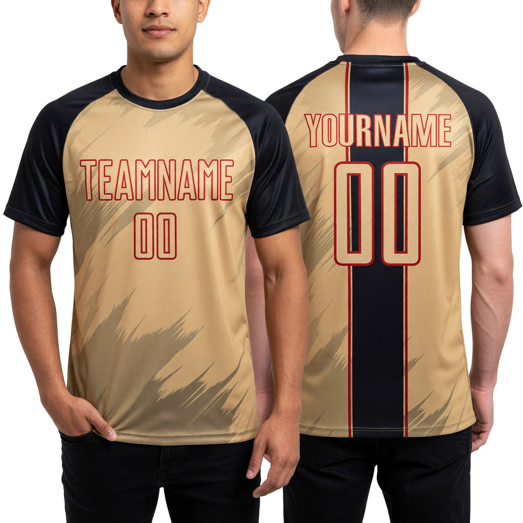 Custom Old Gold Black-Red Sharp Shapes Sublimation Soccer Uniform Jersey worn front and back