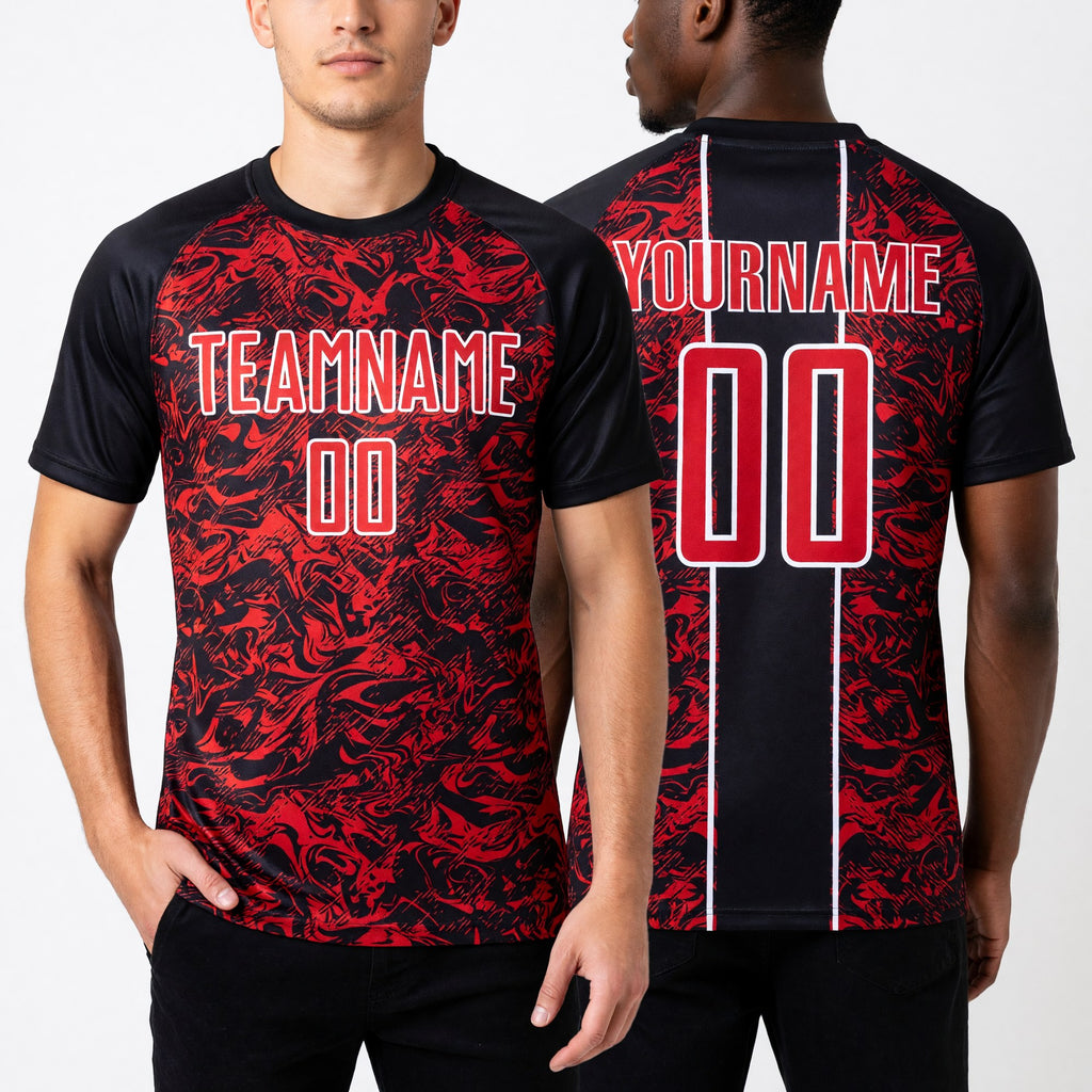 Custom Black Red-White Abstract Fluid Sublimation Soccer Uniform Jersey worn front and back