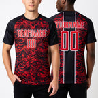 Custom Black Red-White Abstract Fluid Sublimation Soccer Uniform Jersey worn front and back
