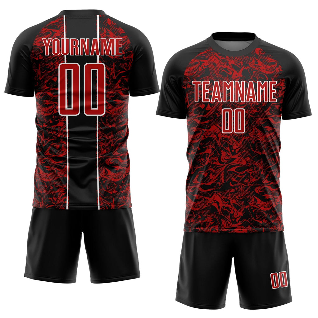 Custom Black Red-White Abstract Fluid Sublimation Soccer Uniform Jersey photo 2