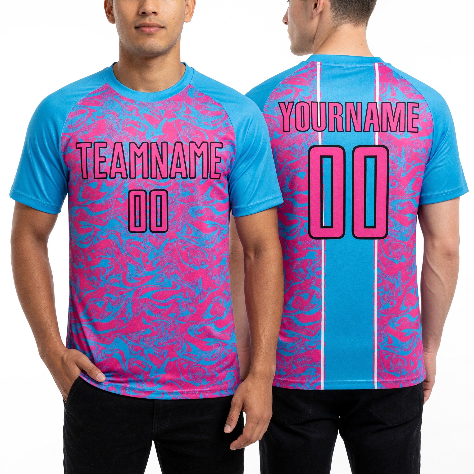 Custom Sky Blue Pink-Black Abstract Fluid Sublimation Soccer Uniform Jersey worn front and back