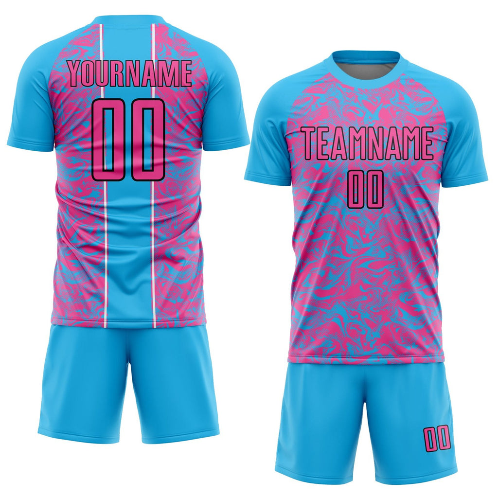 Custom Sky Blue Pink-Black Abstract Fluid Sublimation Soccer Uniform Jersey photo 2