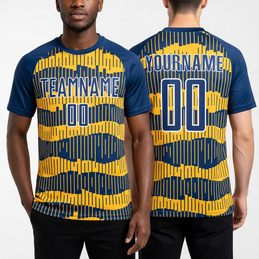 Custom Royal Gold-White Pinstripe Sublimation Soccer Uniform Jersey worn front and back