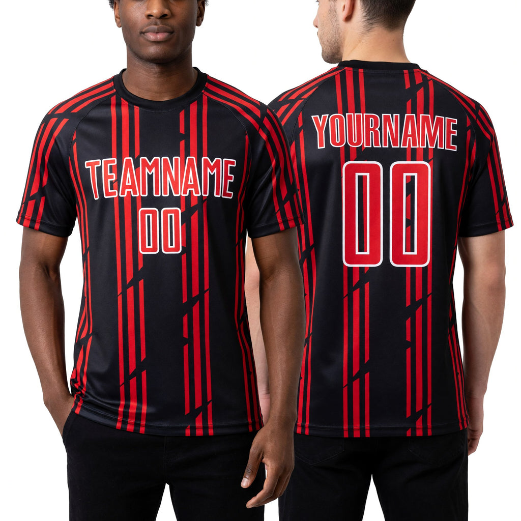 Custom Black Red-White Pinstripe Sublimation Soccer Uniform Jersey worn front and back