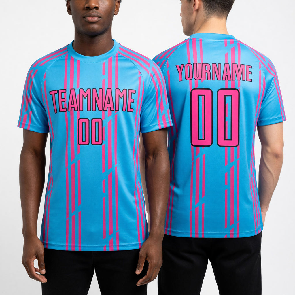 Custom Sky Blue Pink-Black Pinstripe Sublimation Soccer Uniform Jersey worn front and back