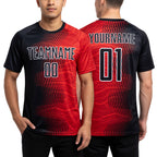 Custom Red Black-White Gradient Arrow Sublimation Soccer Uniform Jersey worn front and back
