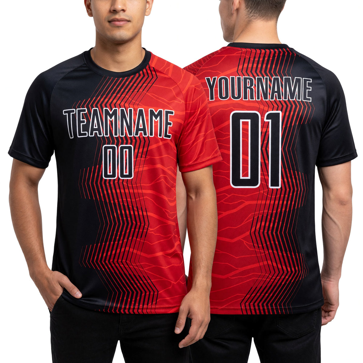 Custom Red Black-White Gradient Arrow Sublimation Soccer Uniform Jersey worn front and back