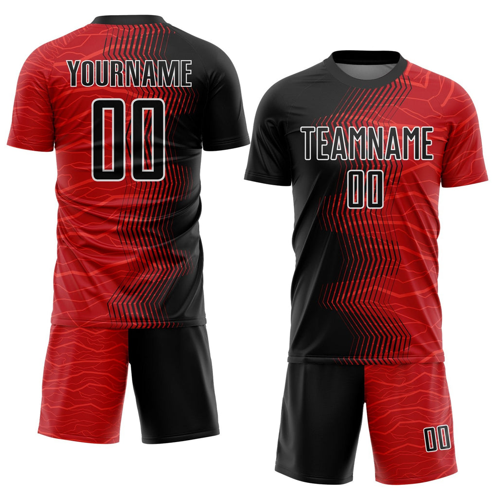 Custom Red Black-White Gradient Arrow Sublimation Soccer Uniform Jersey photo 2
