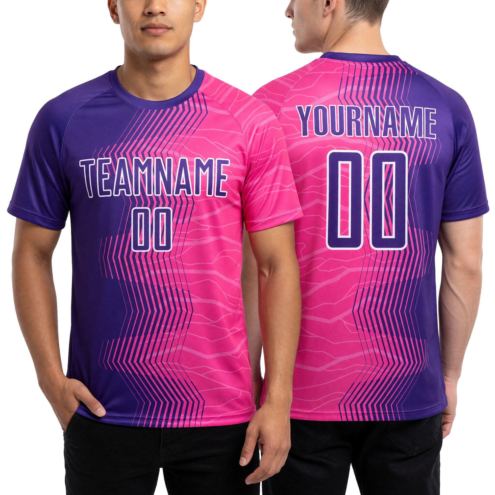 Custom Pink Purple-White Gradient Arrow Sublimation Soccer Uniform Jersey worn front and back