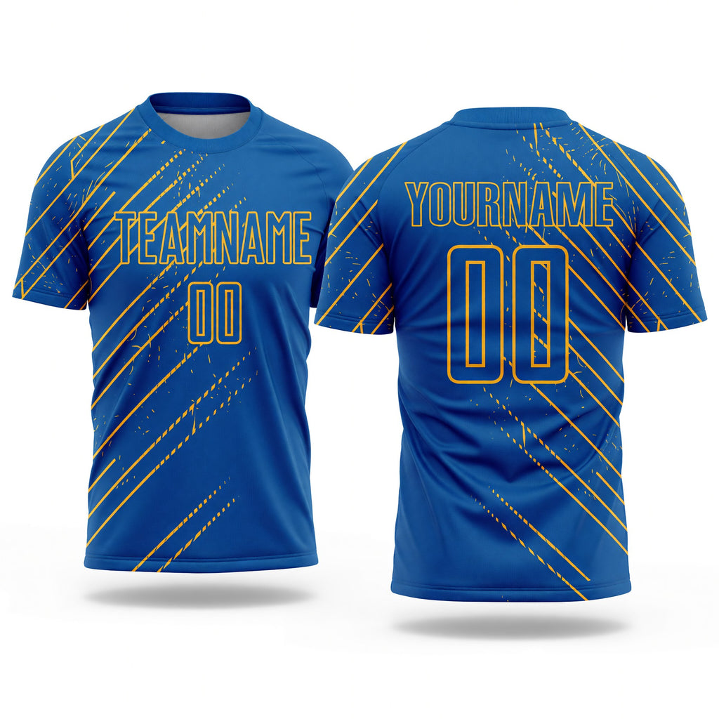 Custom Blue Gold Lines Sublimation Soccer Uniform Jersey