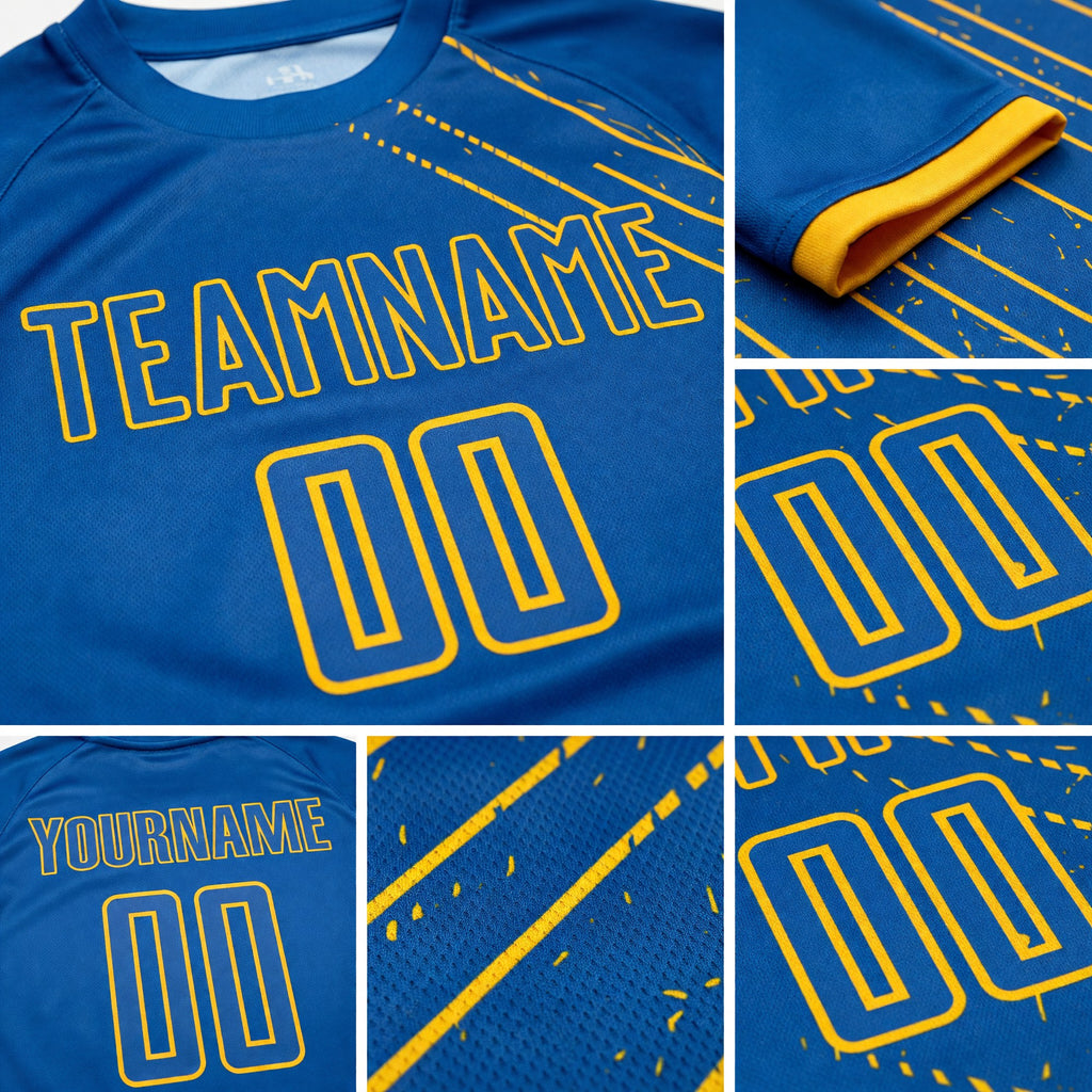 Custom Blue Gold Lines Sublimation Soccer Uniform Jersey detail