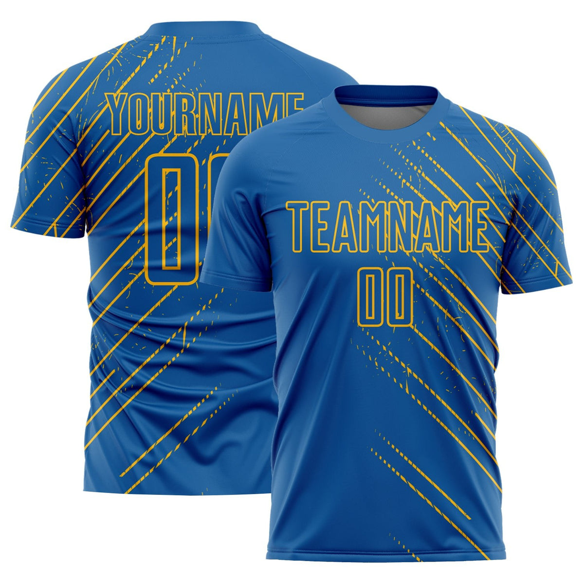 Custom Blue Gold Lines Sublimation Soccer Uniform Jersey photo 1