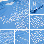 Custom Light Blue White Lines Sublimation Soccer Uniform Jersey detail