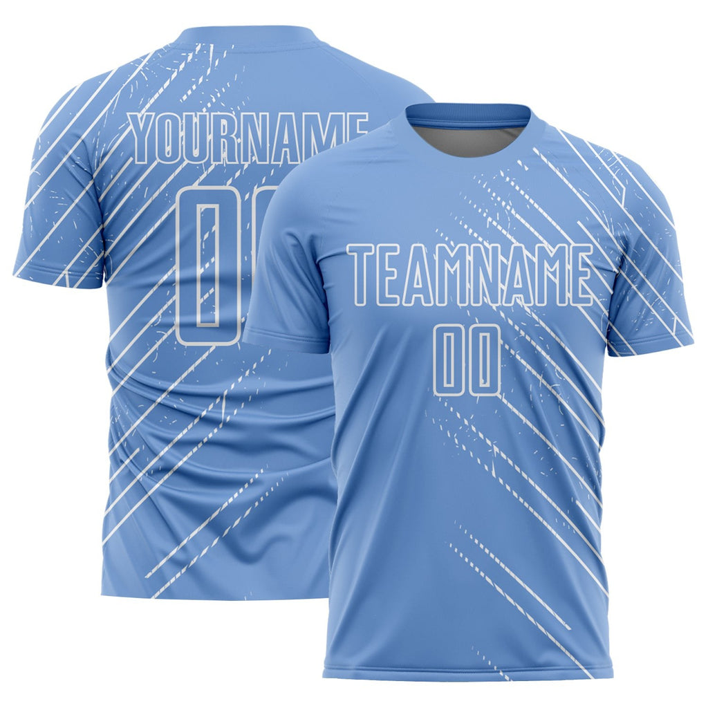 Custom Light Blue White Lines Sublimation Soccer Uniform Jersey photo 1