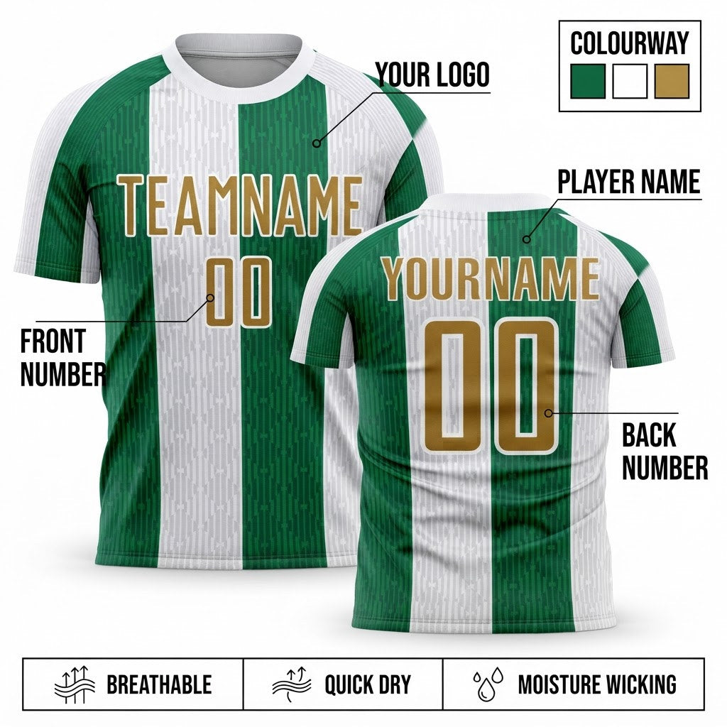 Custom White Sublimated Soccer Jersey with Old Gold and Kelly Green Lettering customization guide
