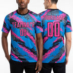 Custom Powder Blue Pink-White Sublimation Soccer Uniform Jersey worn front and back