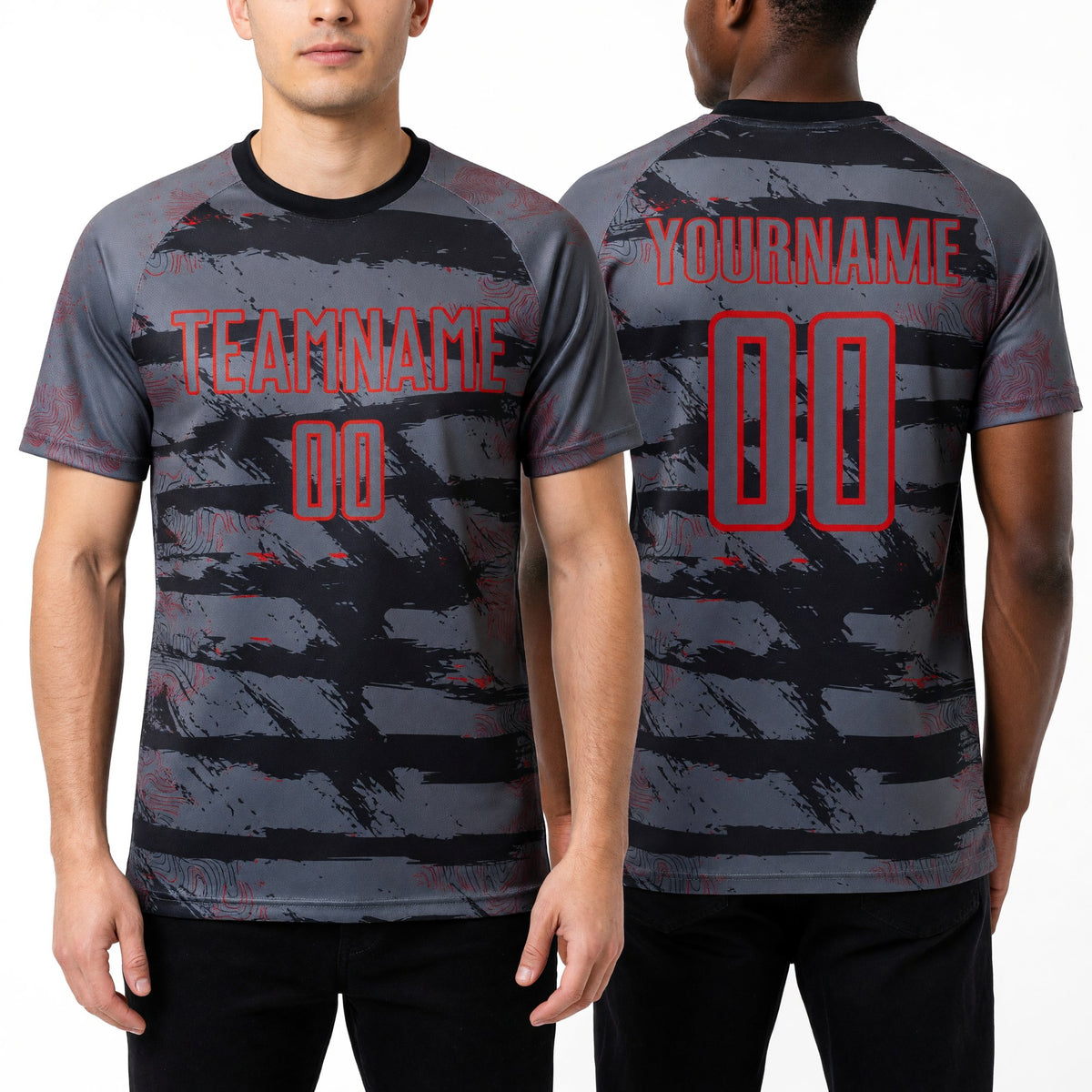 Custom Steel Gray Red Sublimation Soccer Uniform Jersey worn front and back