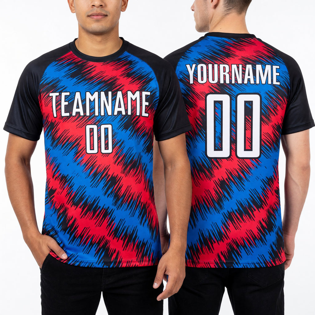 Custom Black Red-Royal Sublimation Soccer Uniform Jersey worn front and back